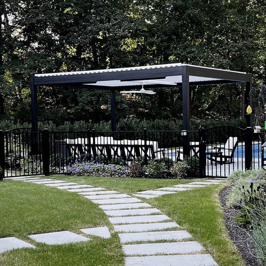 Modern automatic terrace patio outdoor arch bioclimatic aluminum pergola opening shutters roof